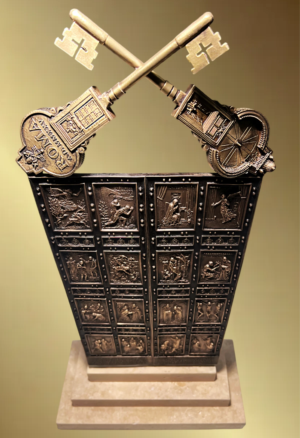 Porta Sancta et Claves Iubilaei Crucis, Edizione Giubileo MMXXV — I battenti della porta bronzea di San Pietro, sovrastati dalle due Chiavi del Giubileo incrociate.